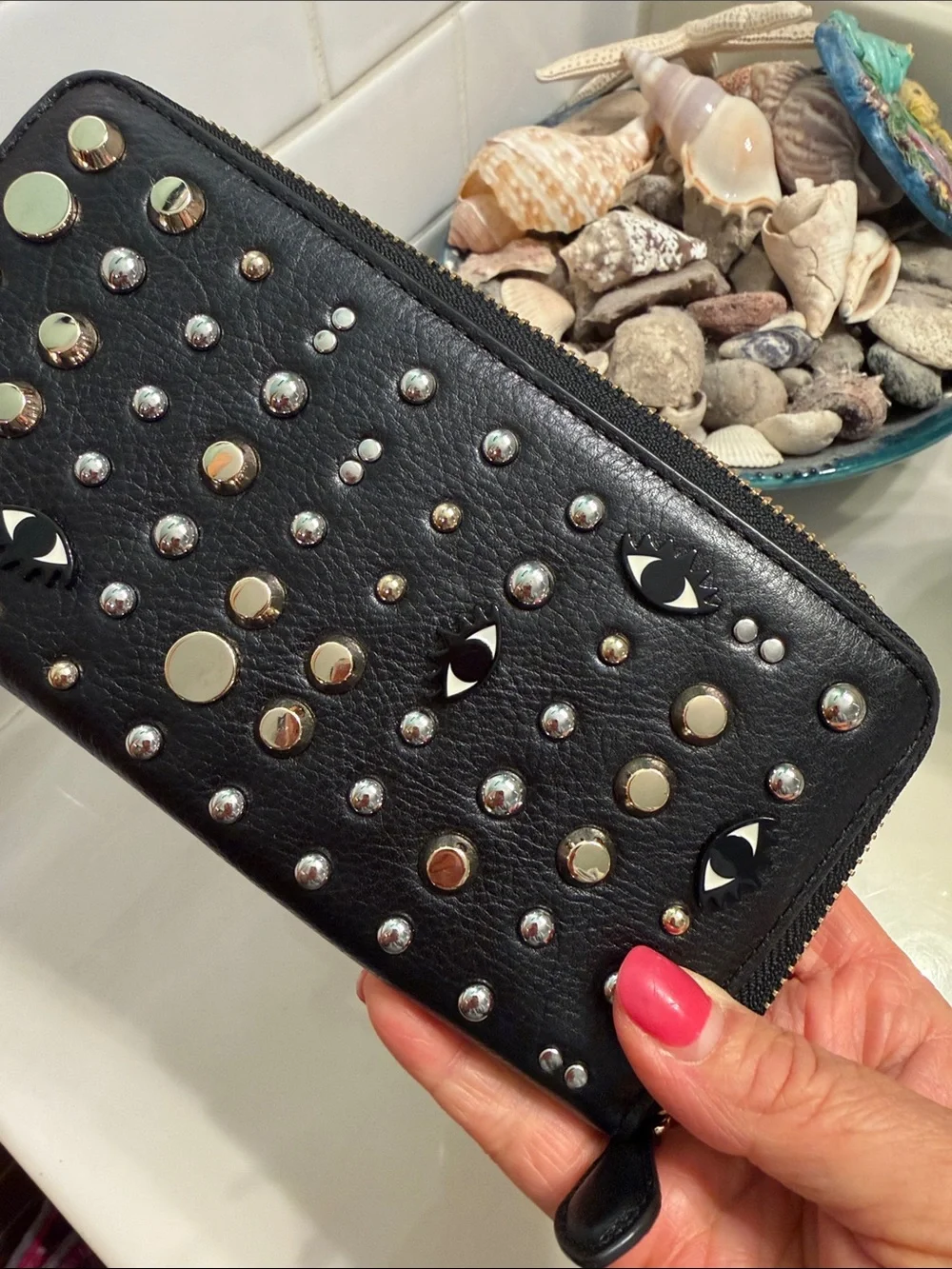 Rebecca Minkoff Black Leather Studded Zip Wallet with Mixed Metal Accents
